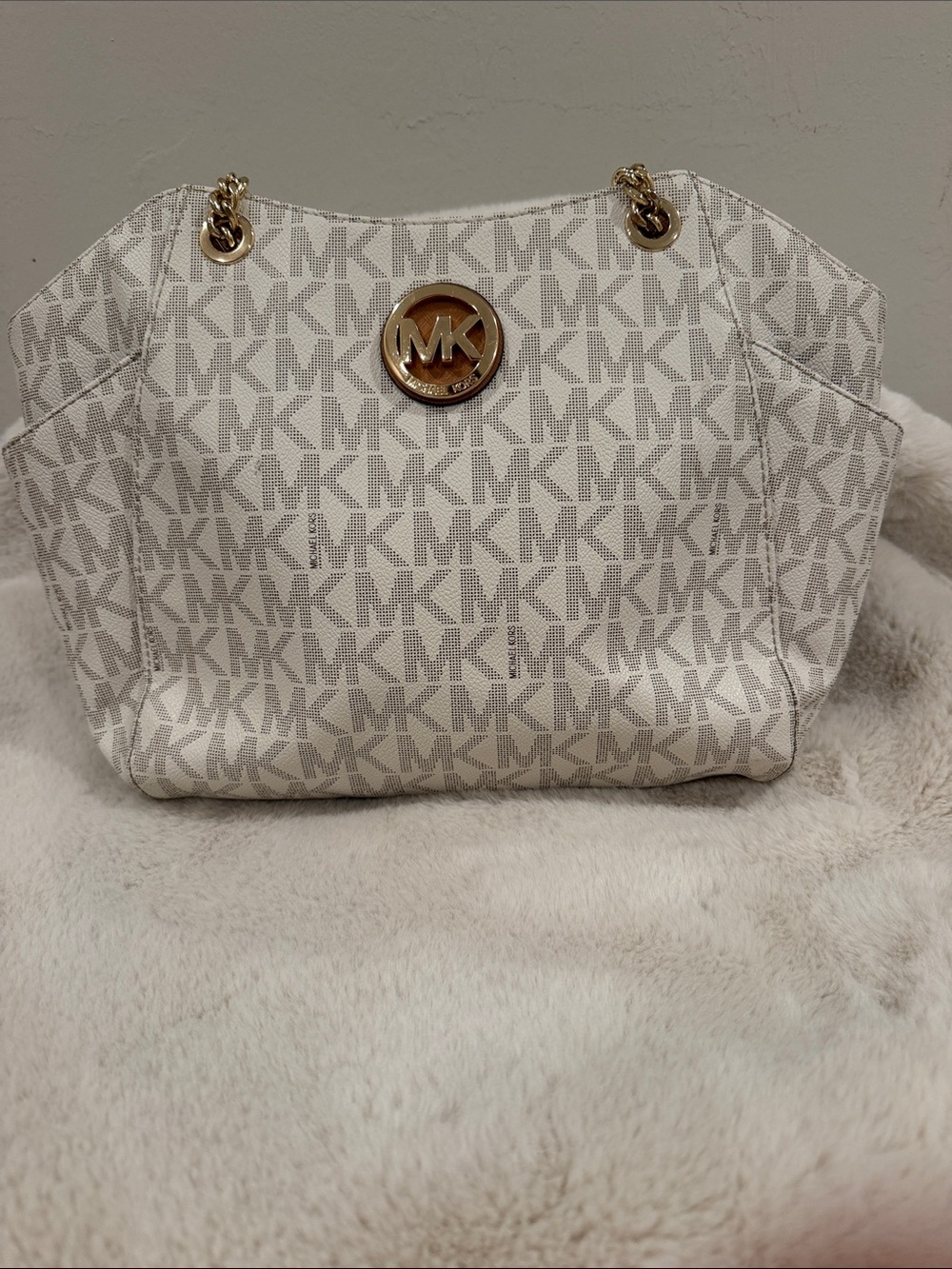 Michael Kors White and Light Gray MK Logo Shoulder Tote with Gold Hardware